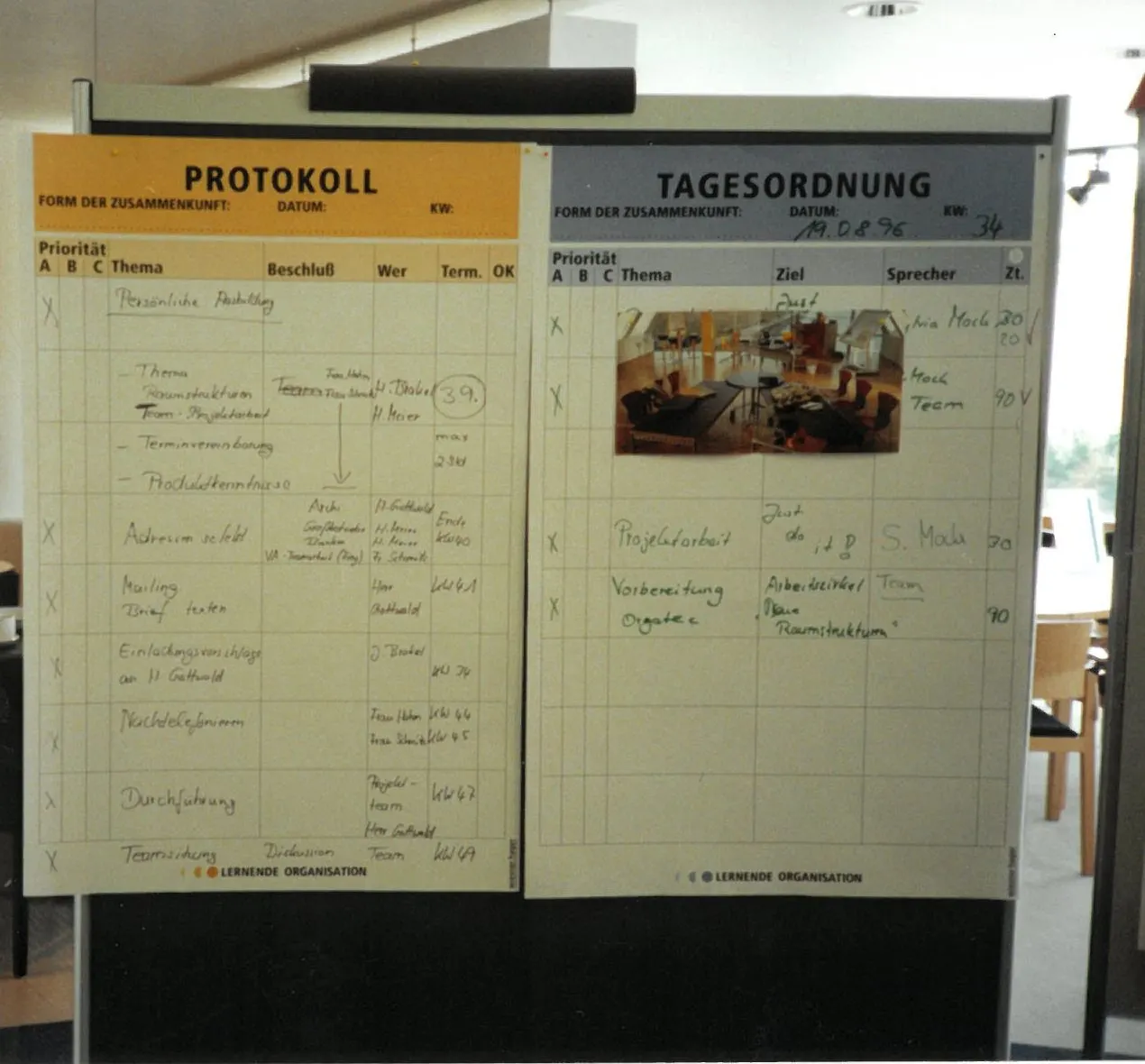 Protokoll- und Tagesordnungs-Boards aus der Workshoparbeit
